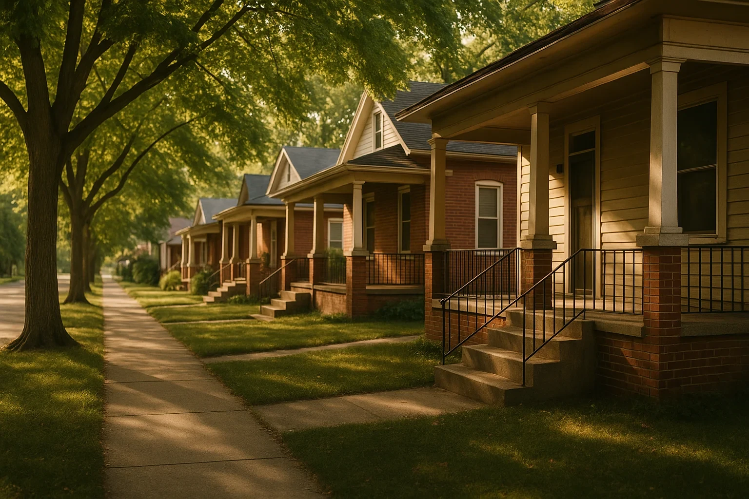 Tree-lined sidewalk and row of brick bungalow homes with covered porches in a Vinton neighborhood