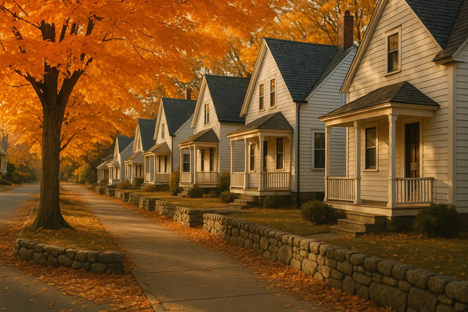 Row of white clapboard homes with porches along a tree-lined street with autumn foliage in Manchester