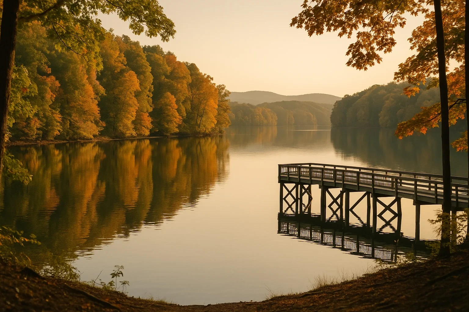 Wooden pier extending into a calm lake surrounded by autumn foliage and rolling hills near Lake Ridge