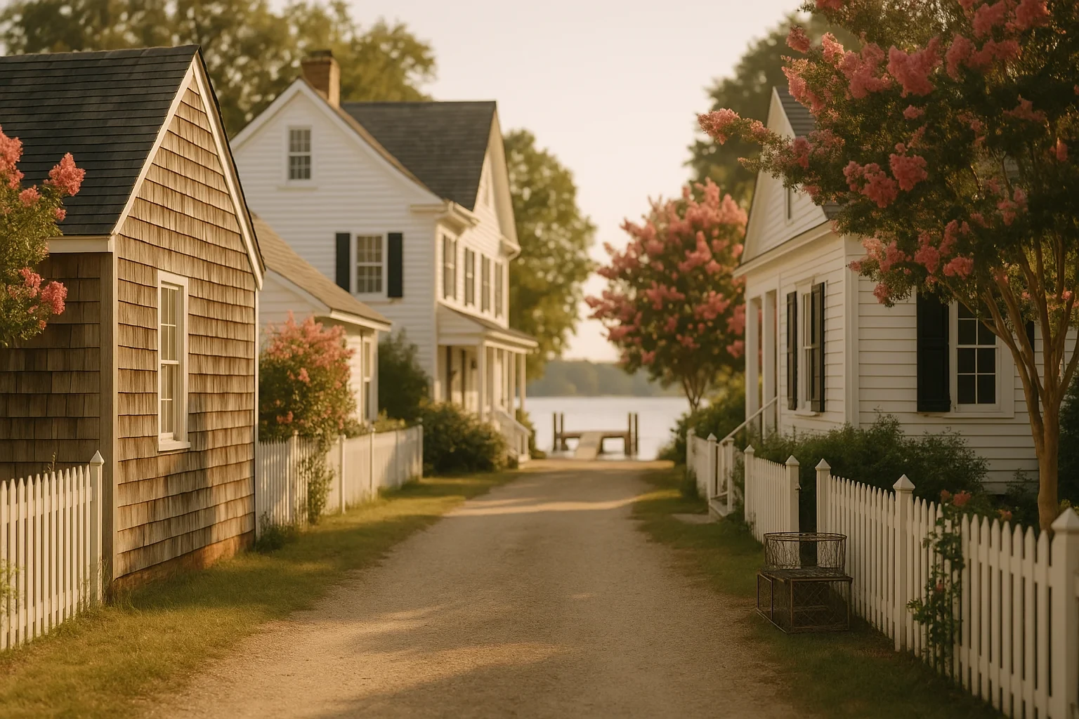 Charming waterfront cottages with white picket fences and crepe myrtles line a quiet lane in Gloucester Point
