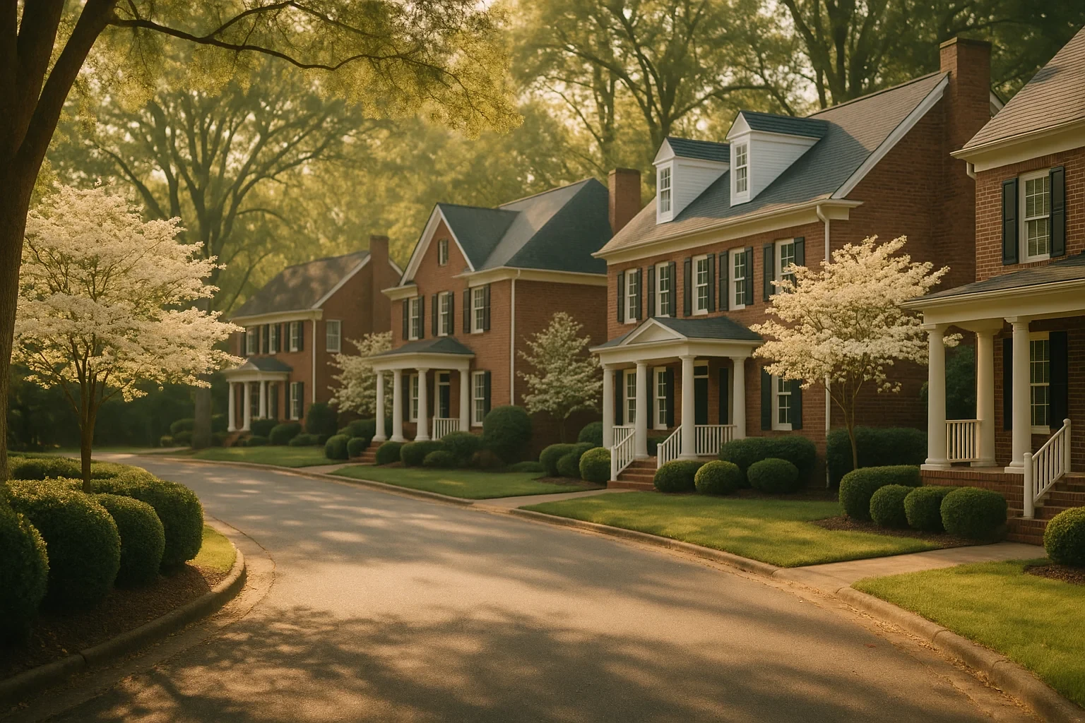 Tree-lined street of brick colonial homes with white columns and blooming dogwoods in Innsbrook neighborhood