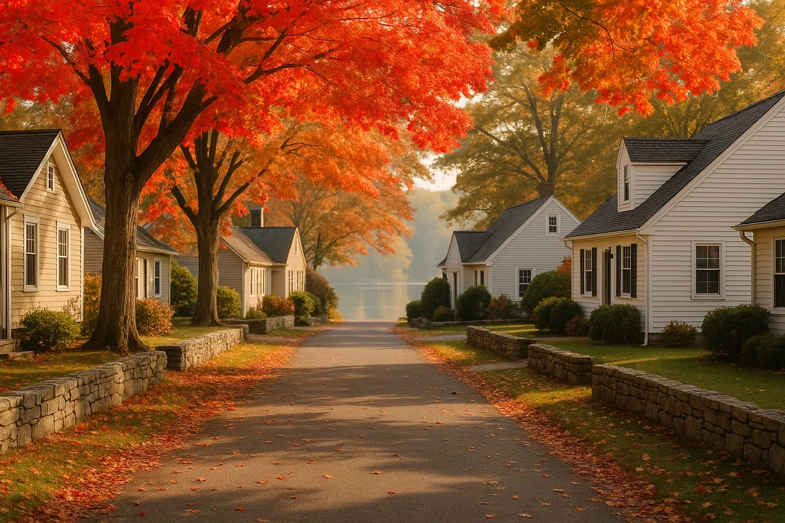 Quiet Torrington neighborhood street lined with white houses, stone walls, and vibrant red maple trees in autumn