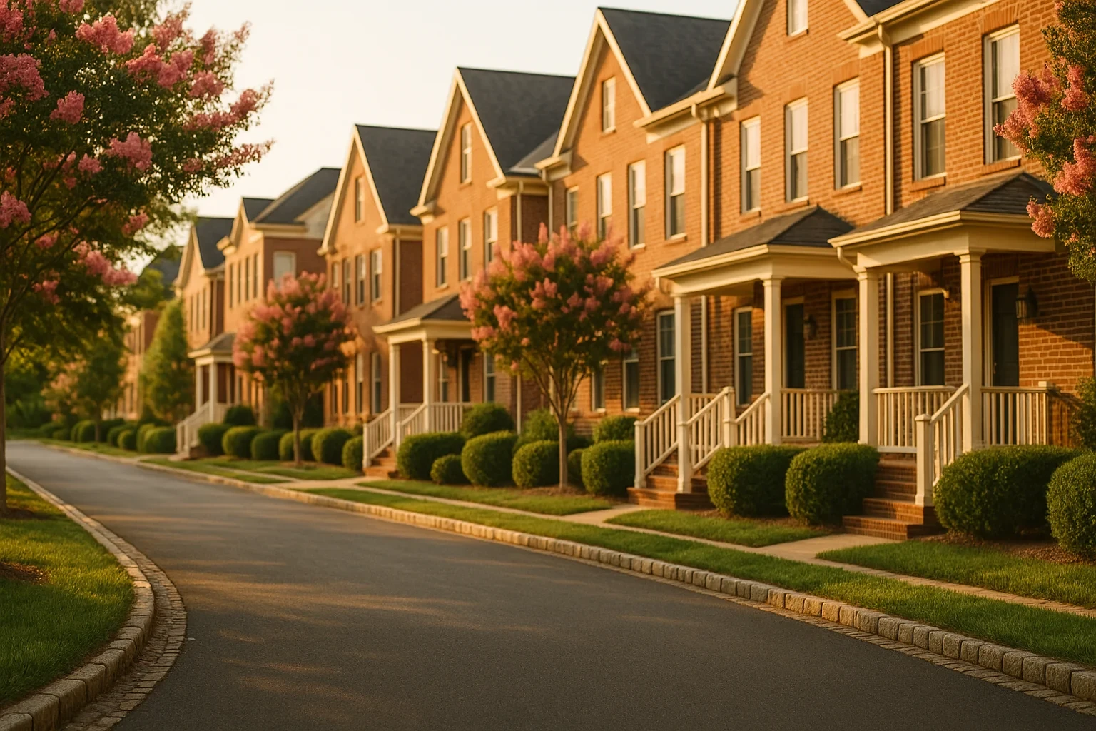 Row of brick townhomes with crepe myrtle trees and front porches along a quiet Ashburn street at sunset