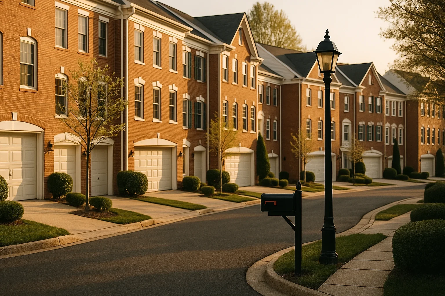Row of brick townhomes with white garage doors and a lamppost along a quiet McNair street at sunset