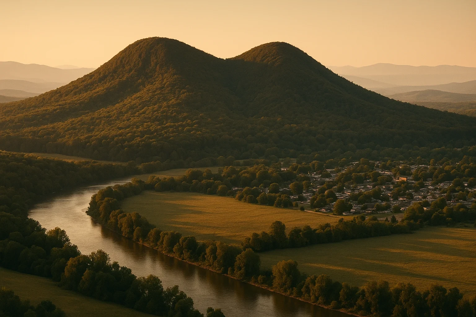 Twin forested peaks rise above a winding river and small town nestled in the valley near Buena Vista at sunset
