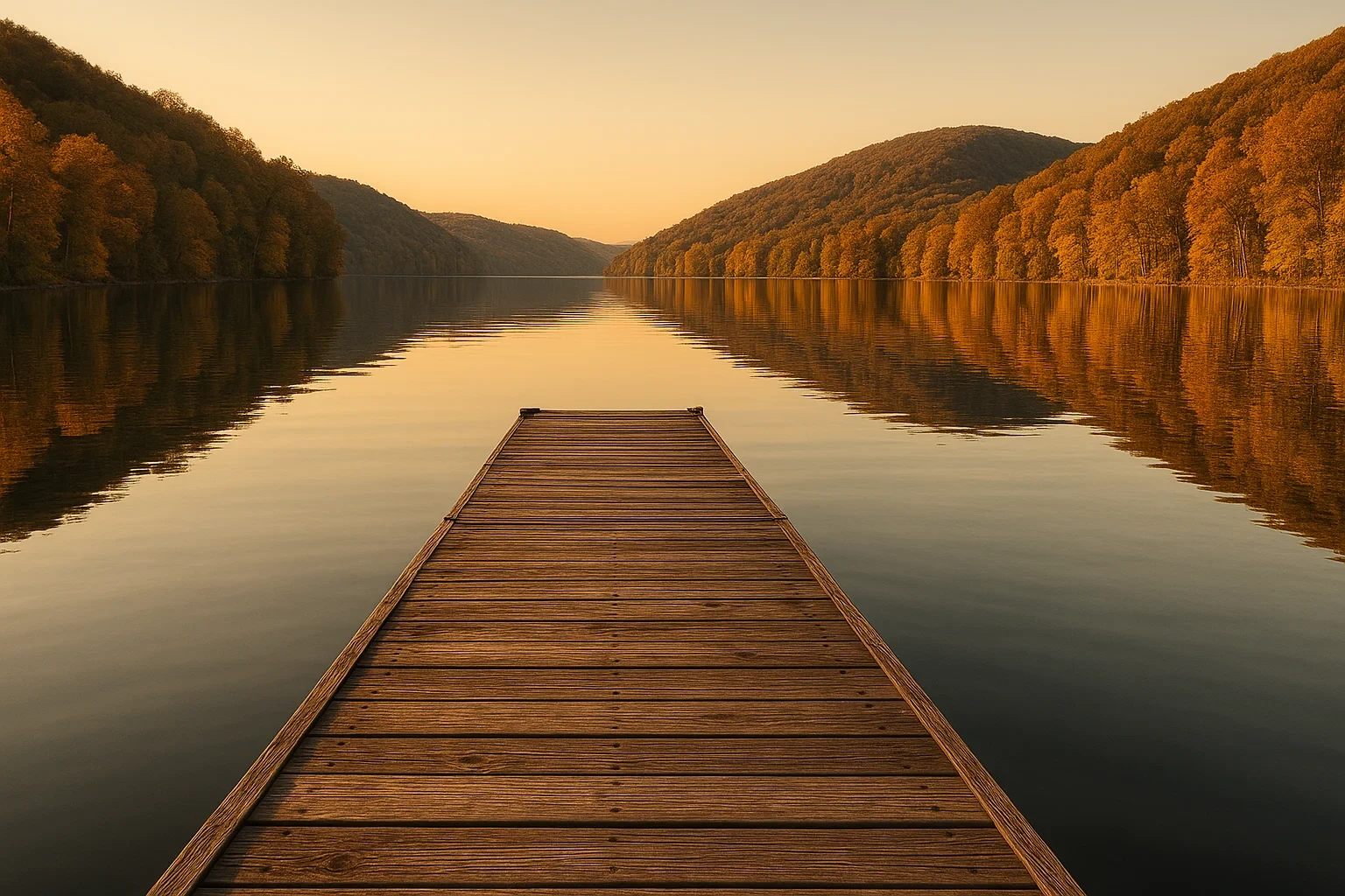 Wooden dock extending into a calm lake at sunset surrounded by autumn hills near Danbury
