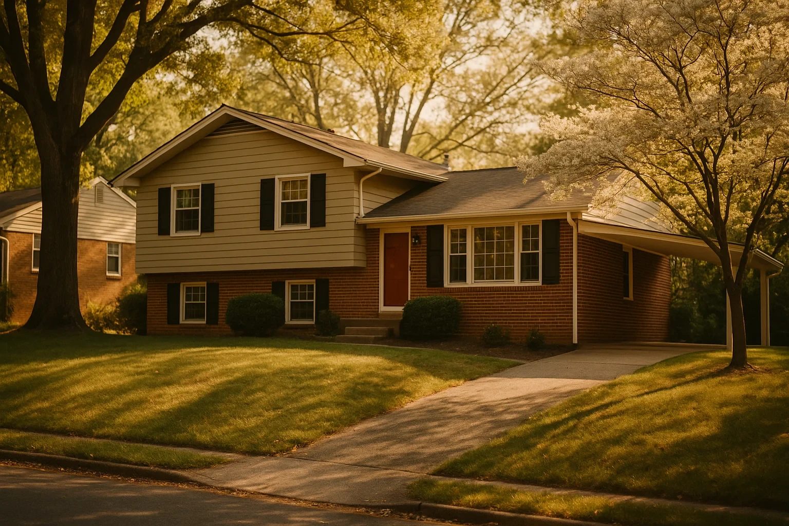 Two-story brick and tan siding home with red door and bay window in a tree-lined Rose Hill neighborhood at sunset