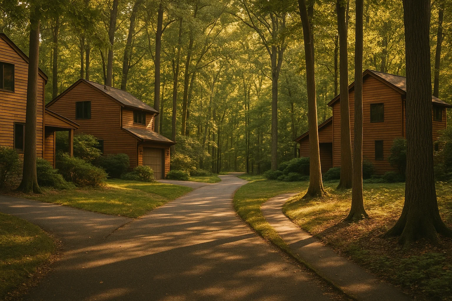 Wooded Reston neighborhood with wooden two-story homes along a winding tree-shaded driveway at golden hour
