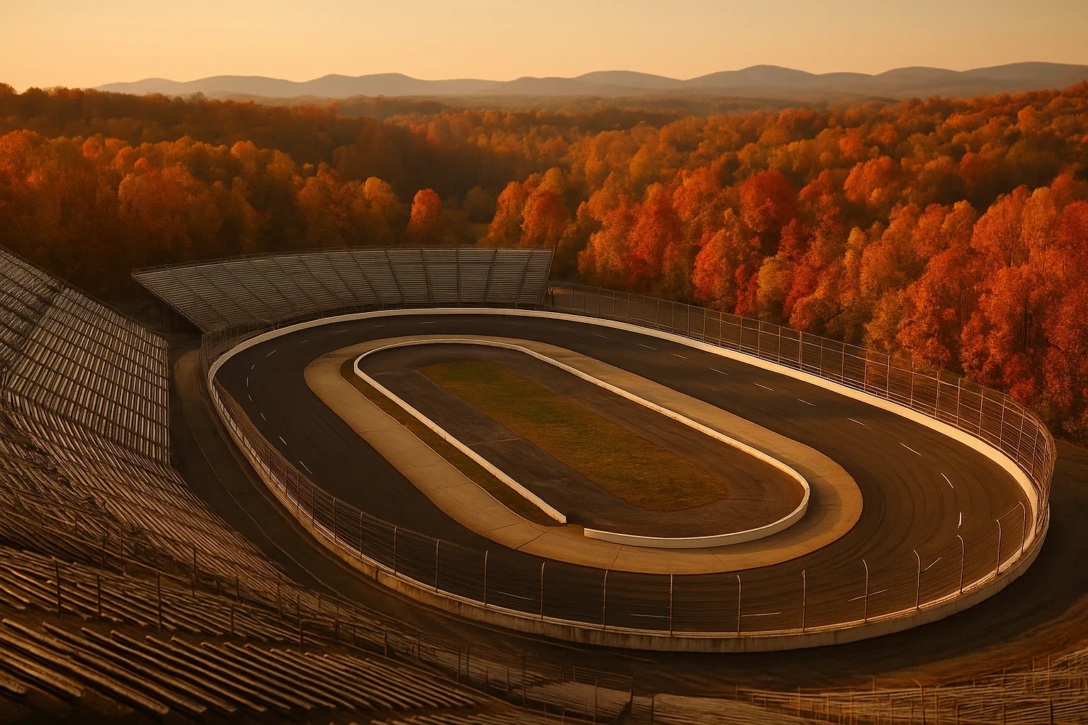 Aerial view of an empty oval racetrack surrounded by vibrant autumn foliage and rolling hills near Martinsville