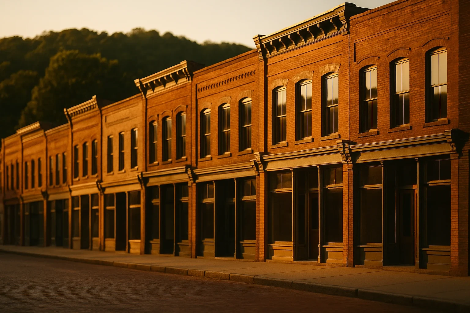 Historic brick storefronts line a quiet downtown street at golden hour in Blackstone with hills behind.