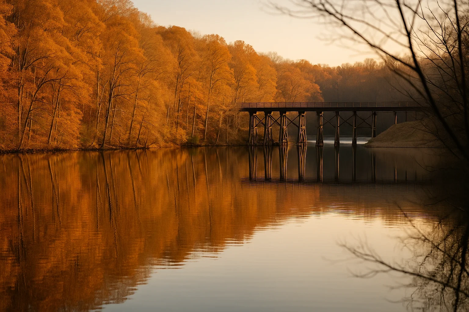 Wooden trestle bridge spanning calm lake reflecting autumn foliage on forested hillside near Annandale