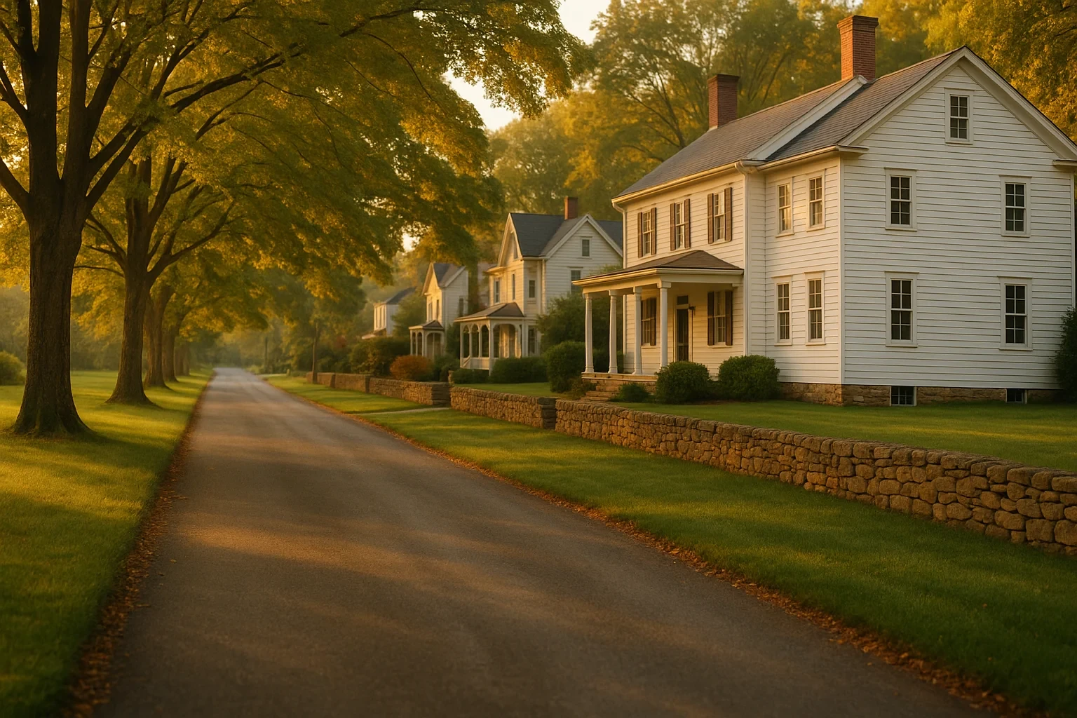 Tree-lined country road with historic white clapboard homes and stone walls at golden hour in Berryville