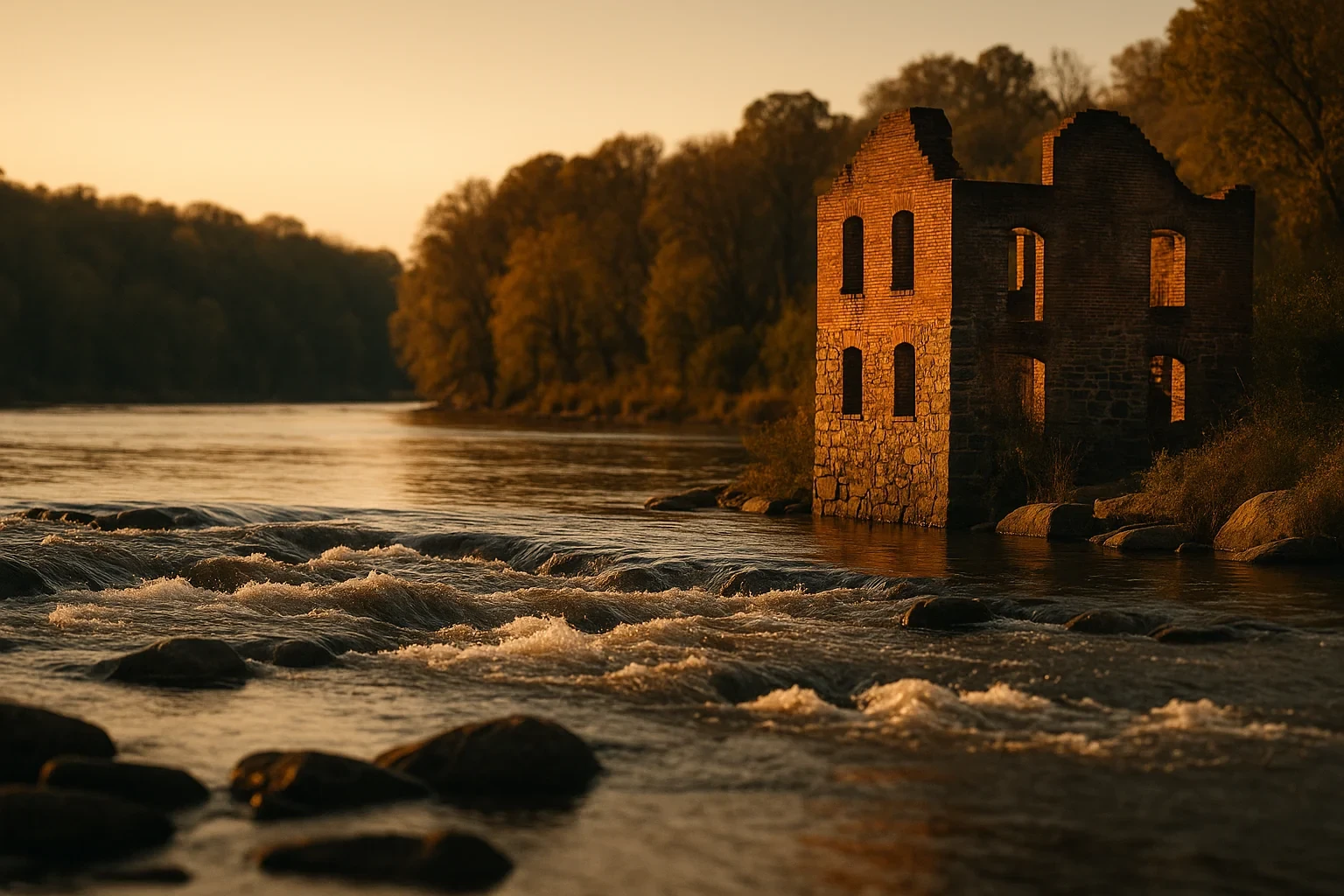 Historic brick mill ruins beside a flowing river at golden sunset near Falmouth, surrounded by autumn trees