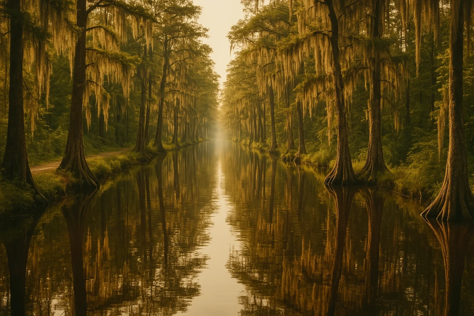 Misty cypress swamp with Spanish moss reflecting on calm water near Chesapeake at golden hour