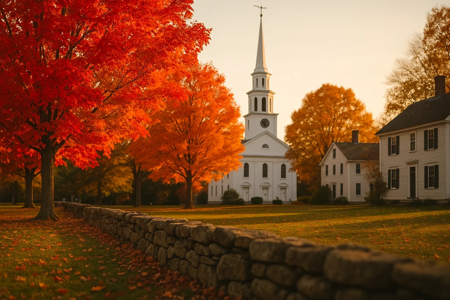 Historic white church with steeple beside stone wall and vibrant red autumn maple trees in Colchester