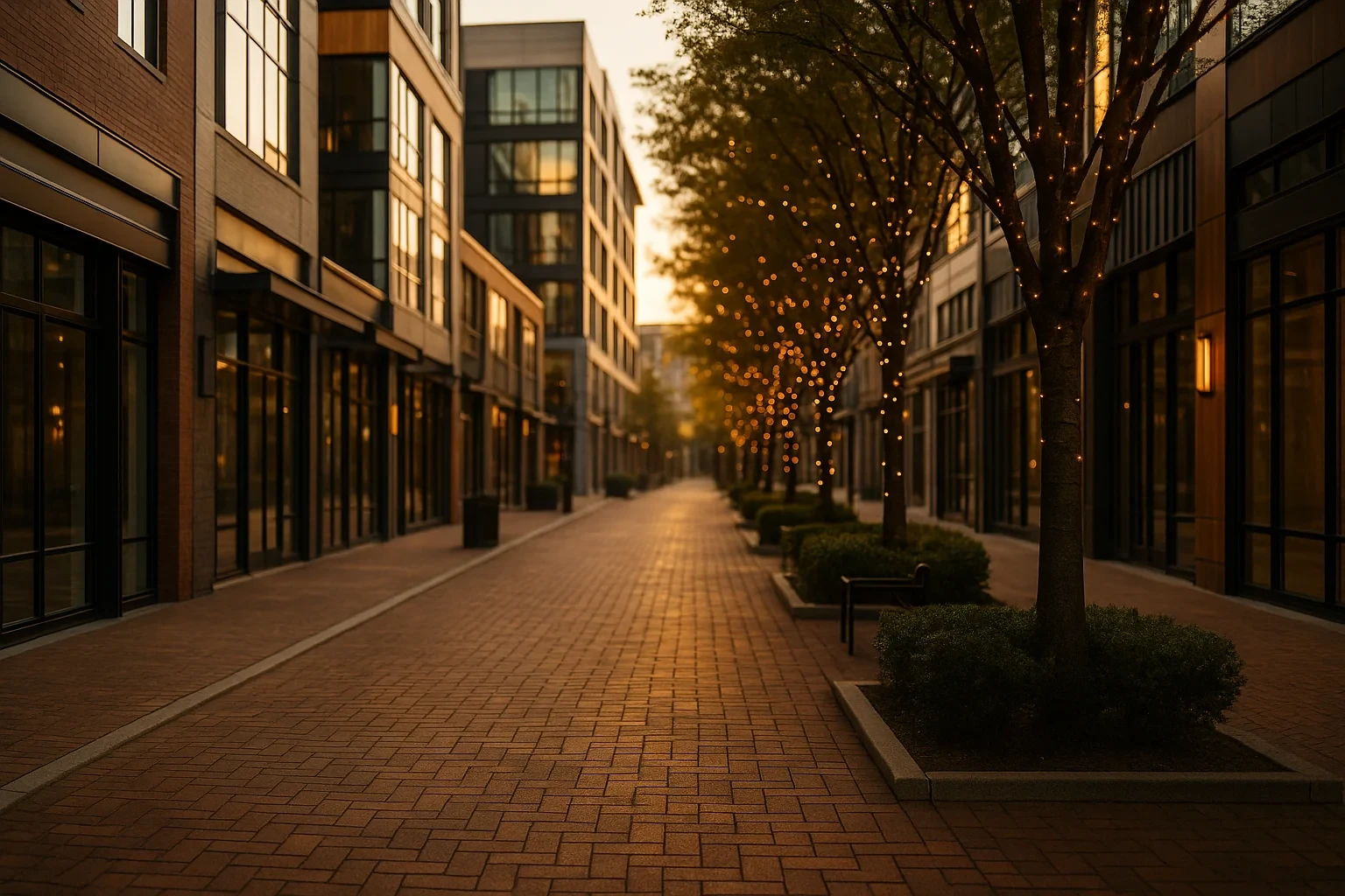 Brick-paved pedestrian walkway lined with lit trees and modern buildings at sunset in Merrifield