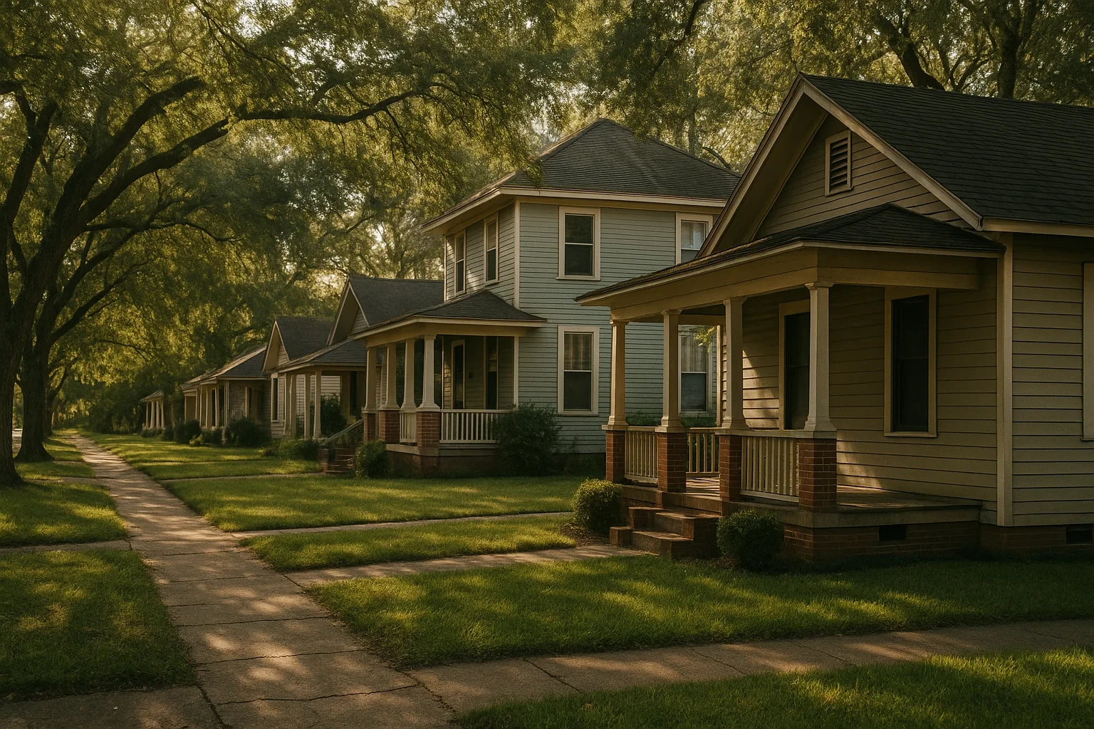 Tree-lined street with classic two-story homes featuring covered front porches in a Crewe neighborhood