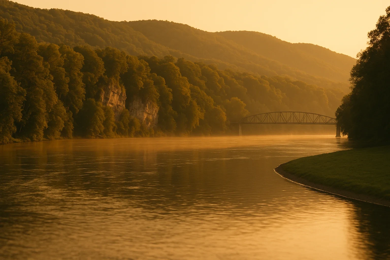 Misty golden sunrise over a calm river winding through forested hills with a steel truss bridge in Radford