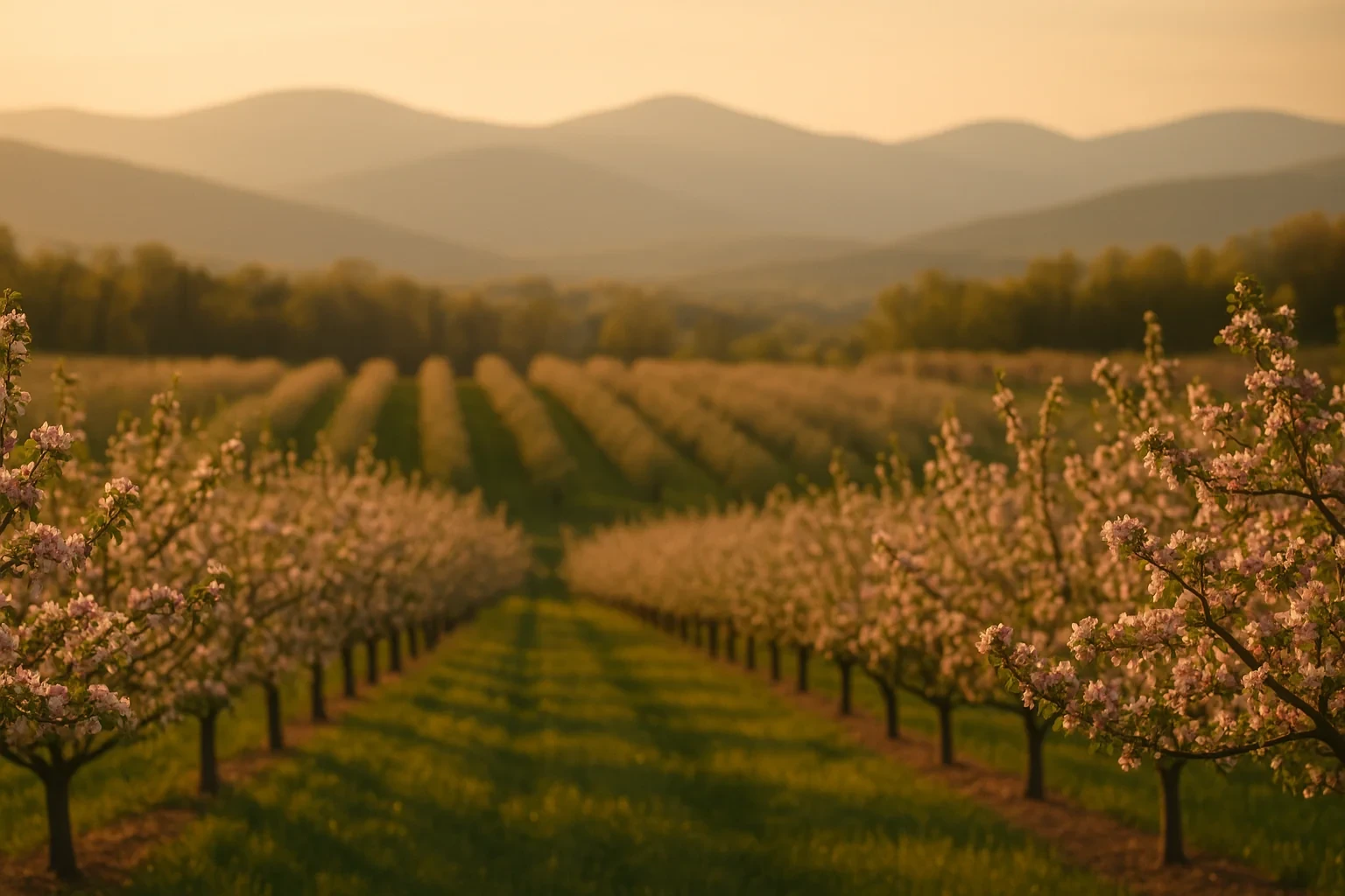 Blooming apple orchard rows at golden hour with rolling Blue Ridge Mountains in the distance near Winchester