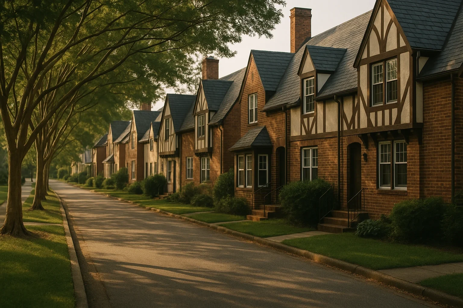 Tree-lined street with row of Tudor-style brick homes at golden hour in Newport News neighborhood