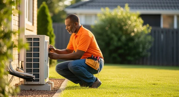 Image of a technician servicing a central air conditioner.
