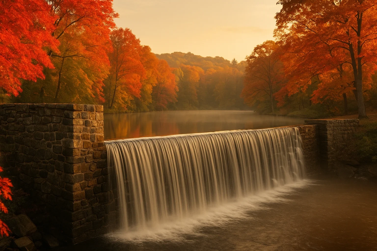 Scenic stone dam waterfall flowing into a misty river surrounded by vibrant autumn foliage near Pemberwick.