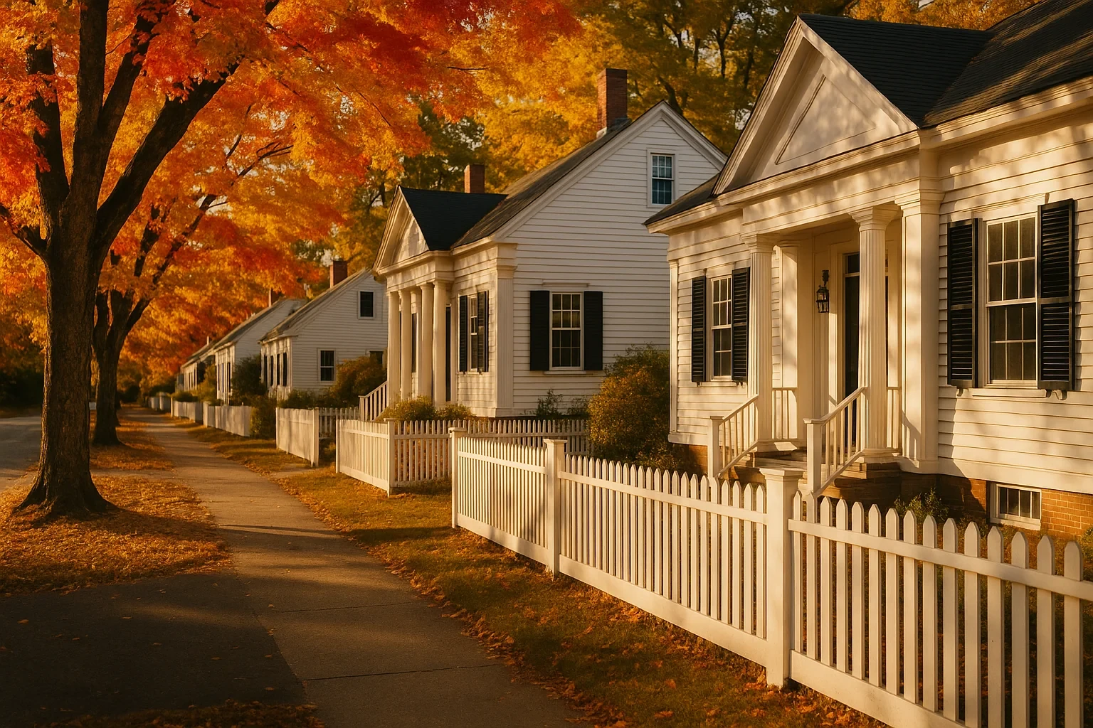 Historic white clapboard homes with picket fences line a sidewalk under vibrant fall foliage in Hazardville