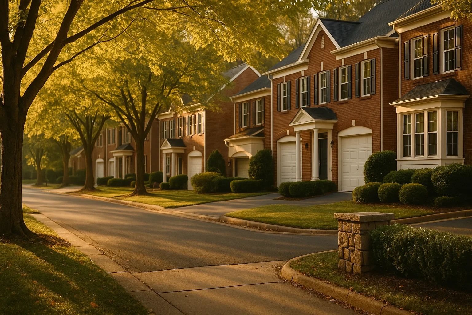 Tree-lined street with brick townhomes and manicured lawns at golden hour in a Lowes Island neighborhood