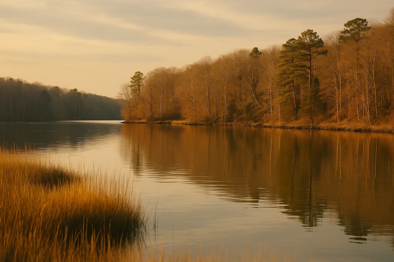 Tranquil Newington lake at golden hour with forested shoreline, bare trees, and tall grasses reflecting on calm water