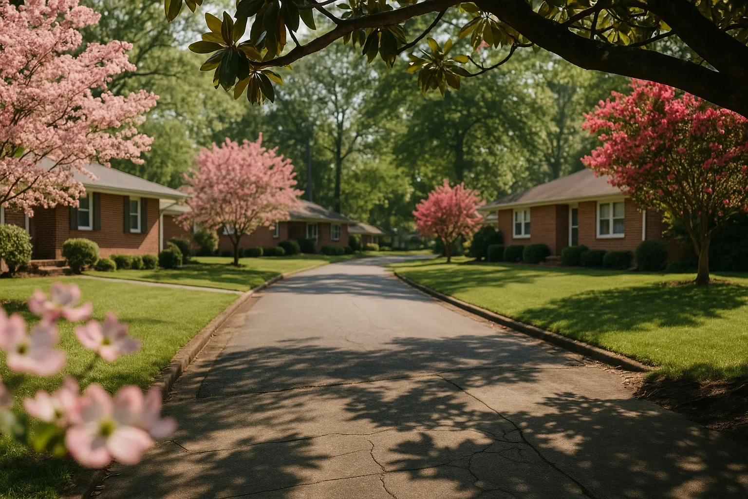 Tree-lined street with brick ranch homes and pink blossoming trees in a quiet Chamberlayne neighborhood