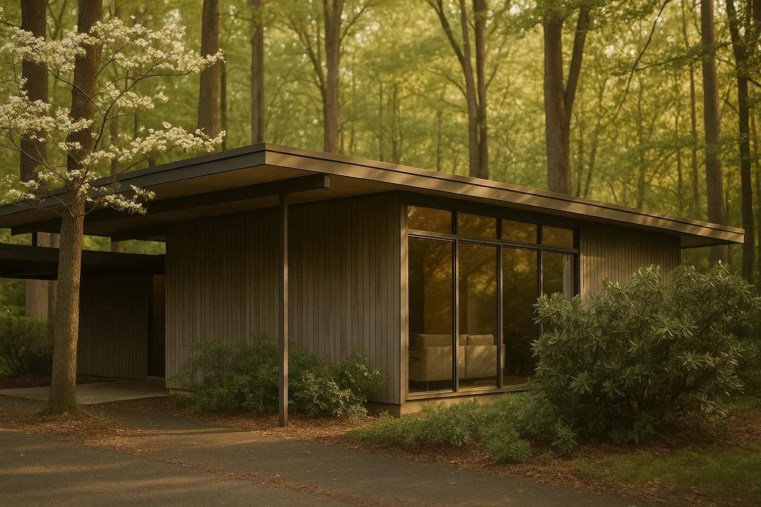 Mid-century modern home with flat roof and large windows nestled among wooded trees in Mount Vernon