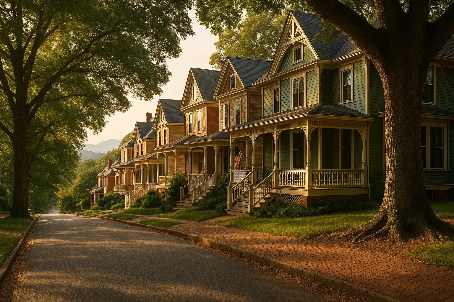 Tree-lined street with row of historic Victorian homes and wraparound porches in Bristol neighborhood