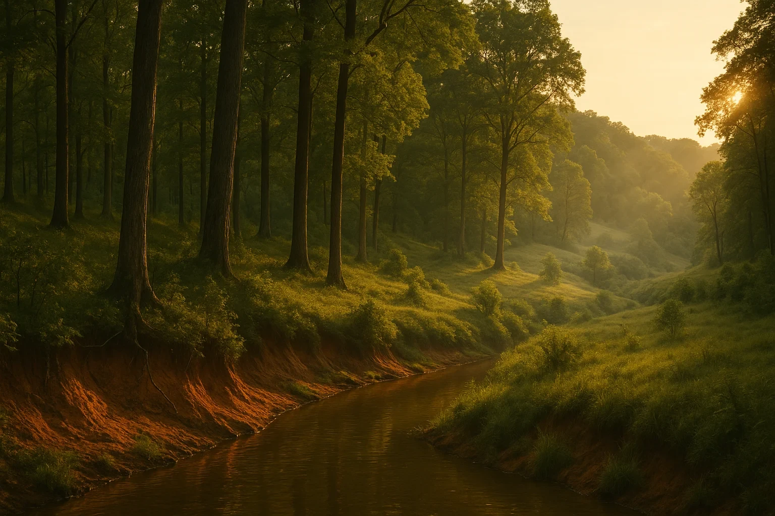 Sunlit forest with tall trees and a winding creek through rolling green hills near Short Pump at golden hour