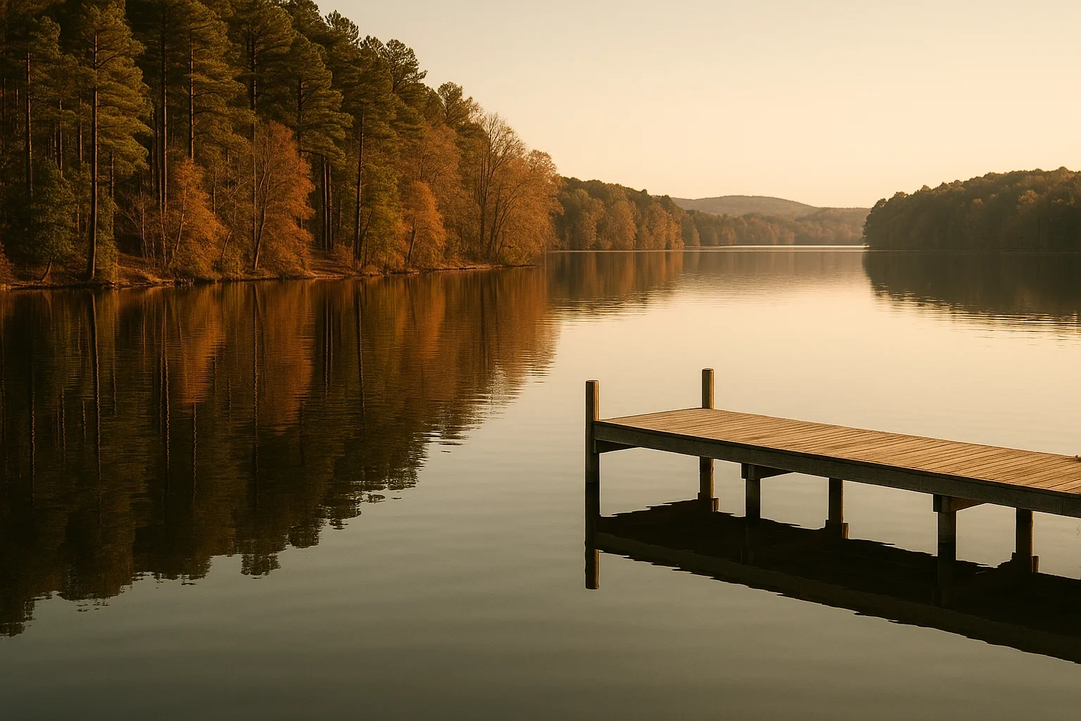 Wooden dock extending into a calm lake at sunset surrounded by autumn trees near Woodlake