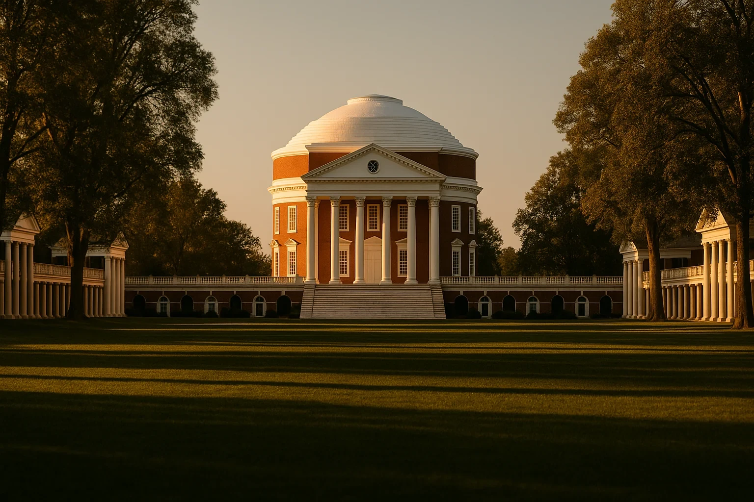 Historic domed rotunda with white columns and red brick facade at golden hour in University of Virginia