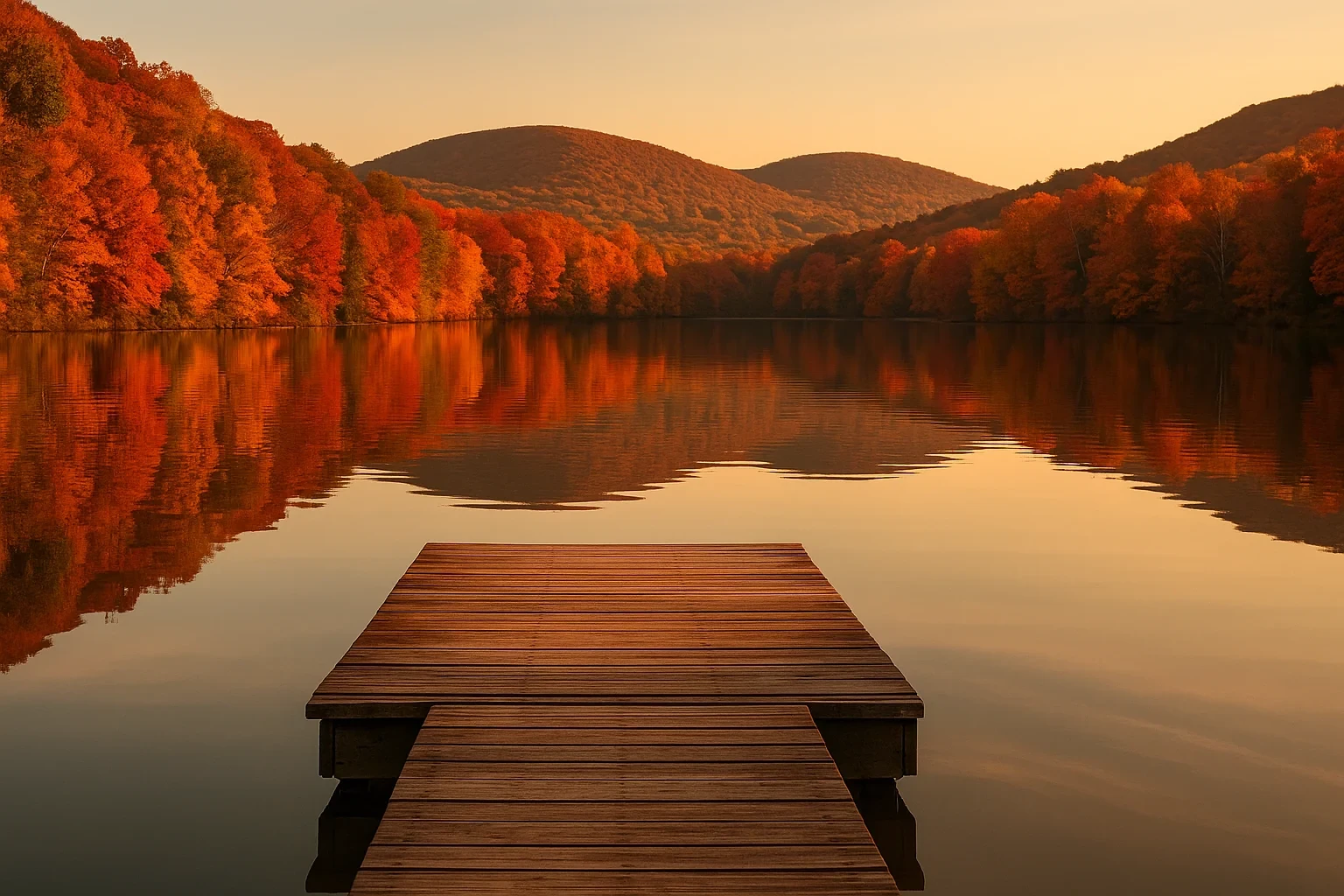 Wooden dock extending into a calm lake surrounded by vibrant fall foliage and rolling hills near Watertown