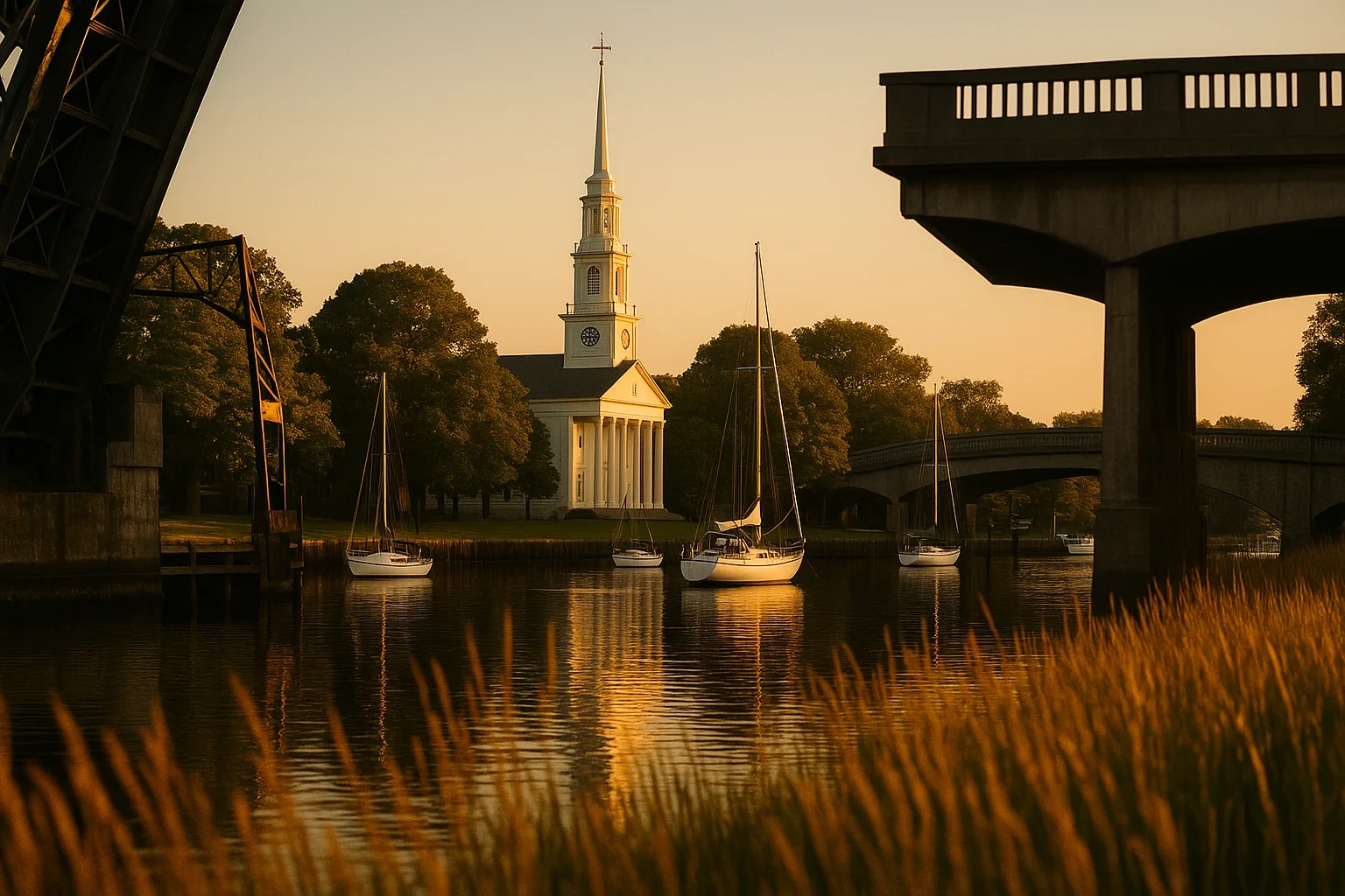 Historic white church steeple and sailboats on the harbor at golden hour in Milford city, framed by bridges