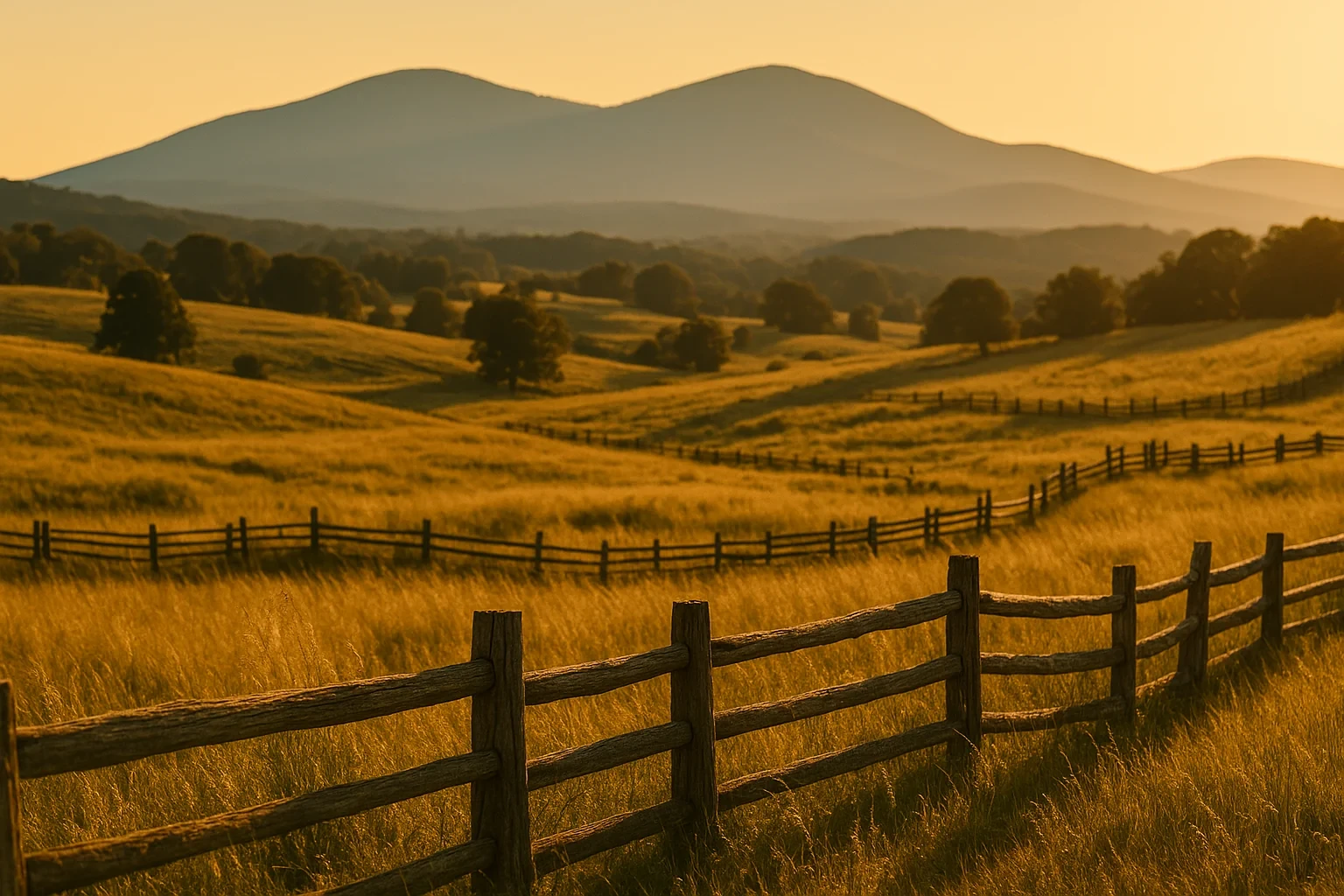 Rustic wooden split-rail fence winding through golden rolling pastures with mountain views near Gainesville