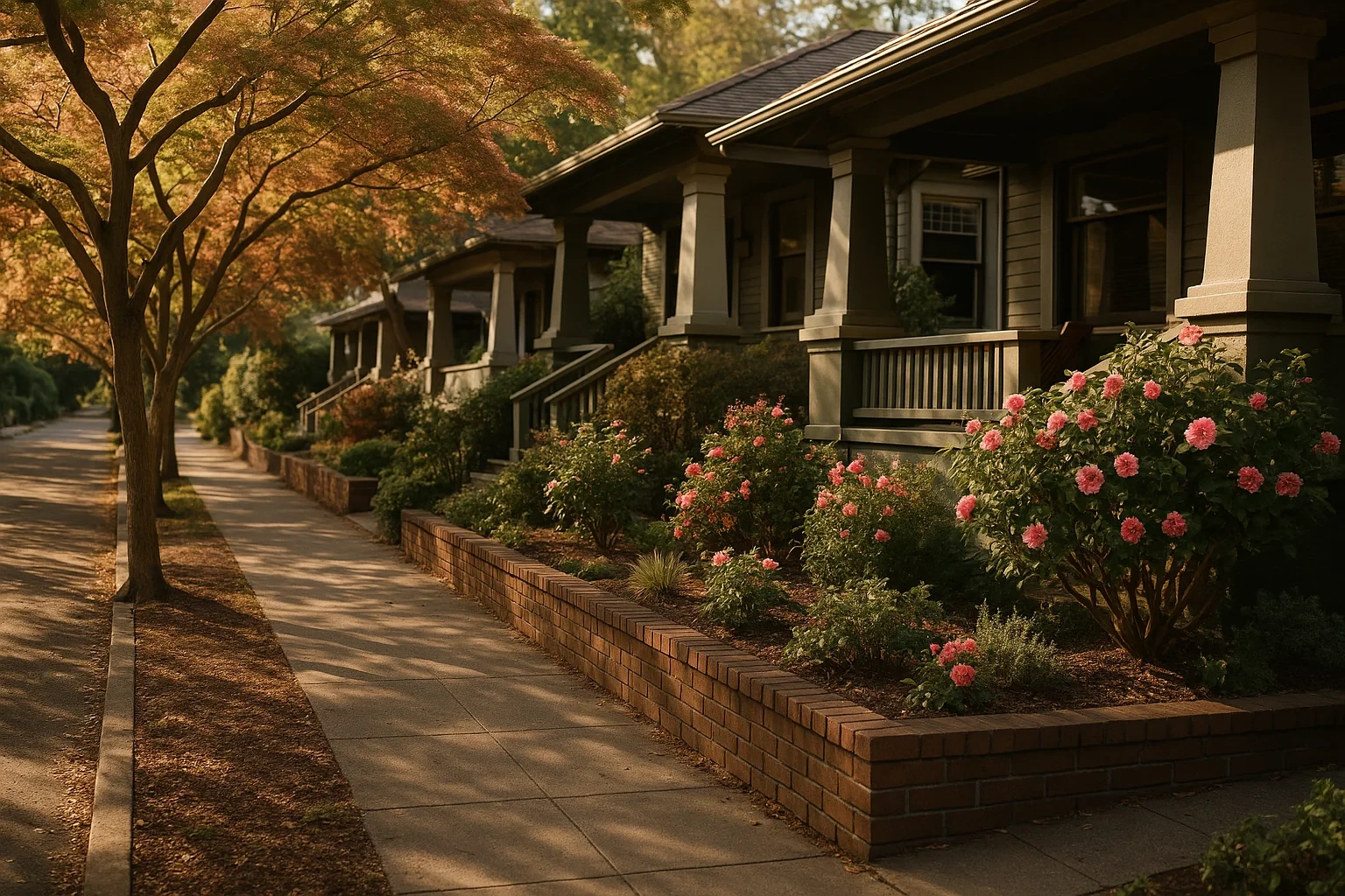 Craftsman bungalow homes with front porches, brick planters, and rose bushes line a tree-shaded Oakland street.