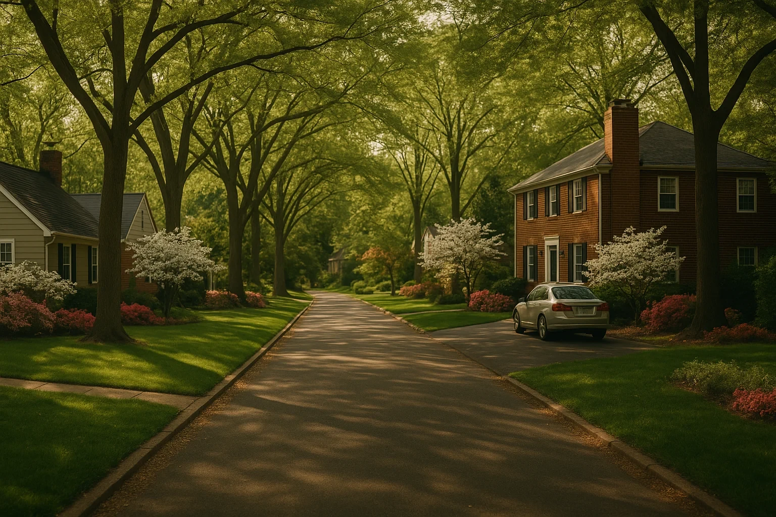 Tree-lined residential street in Vienna with brick colonial home, blooming dogwoods, and parked sedan.