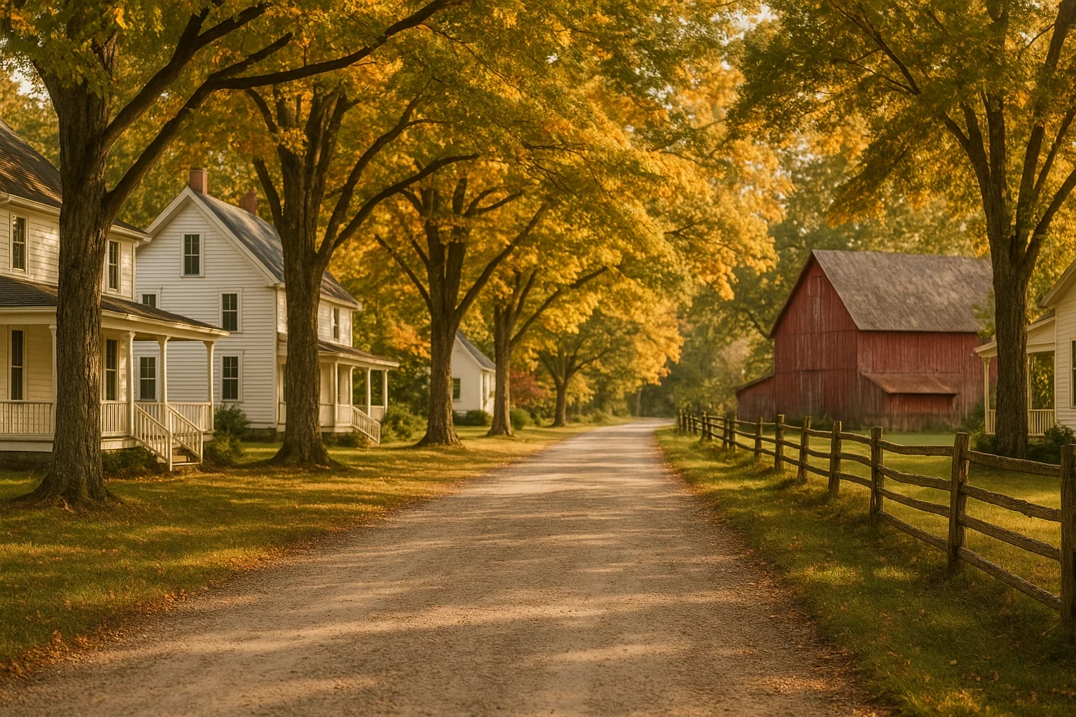 Tree-lined dirt road through Cloverdale with white farmhouse, red barn, and wooden fence in autumn light
