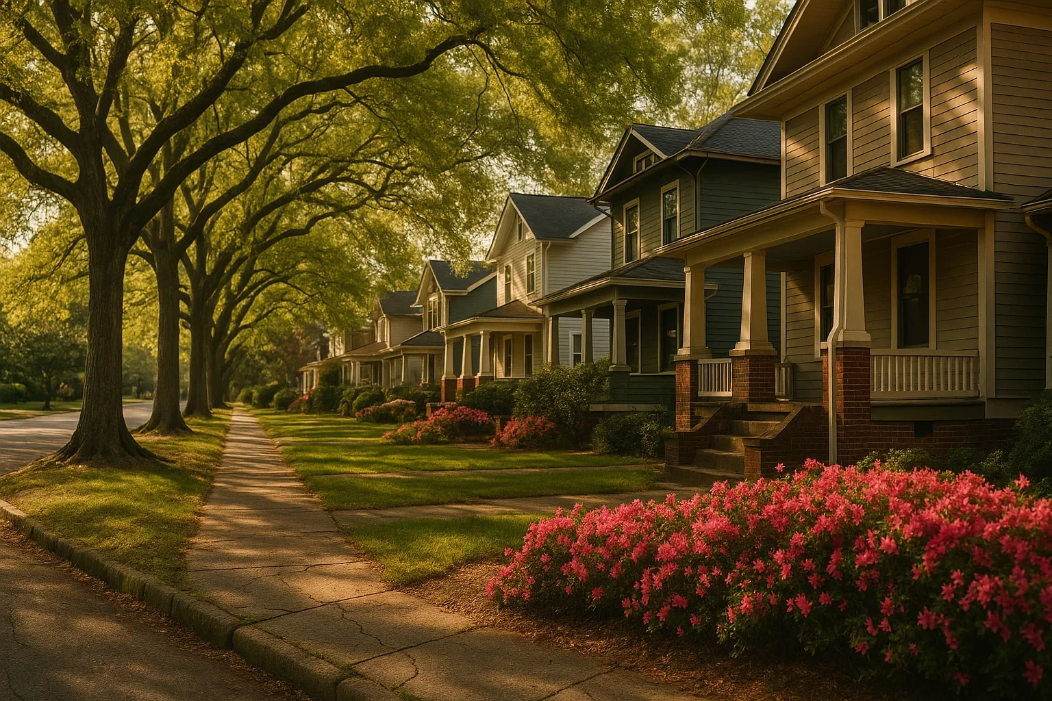 Tree-lined sidewalk with craftsman homes, front porches, and blooming pink azaleas in a Manchester neighborhood