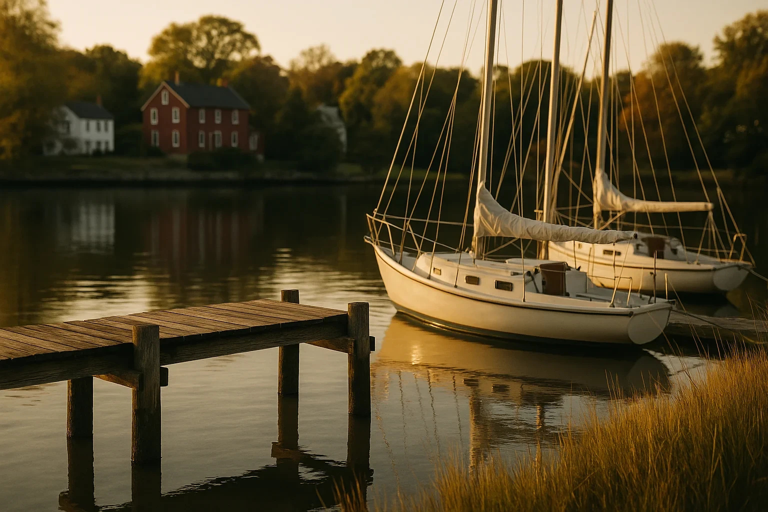 Sailboats moored near a wooden dock at golden hour with a red waterfront home in Cos Cob