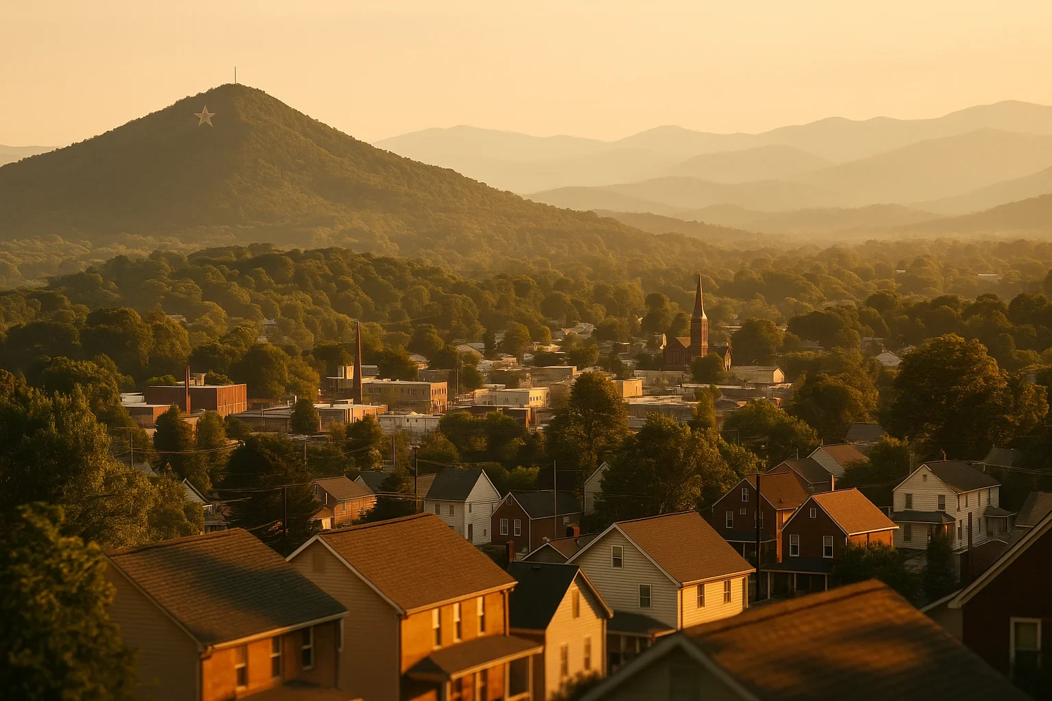 Golden hour view of Vinton rooftops with star-topped Mill Mountain and Blue Ridge peaks in the distance