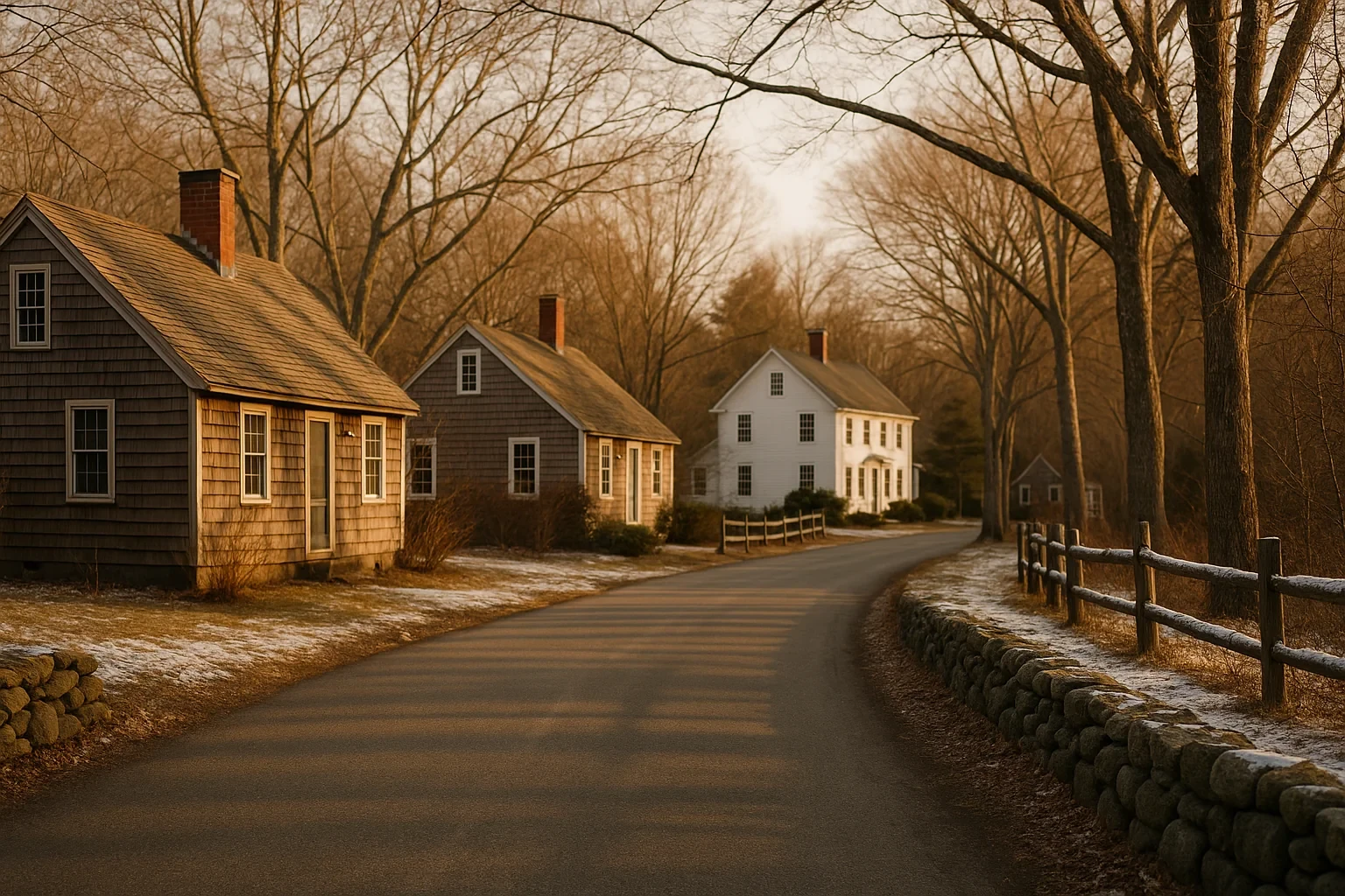 Historic shingled cottages and white colonial home along a quiet country road in Colchester at golden hour
