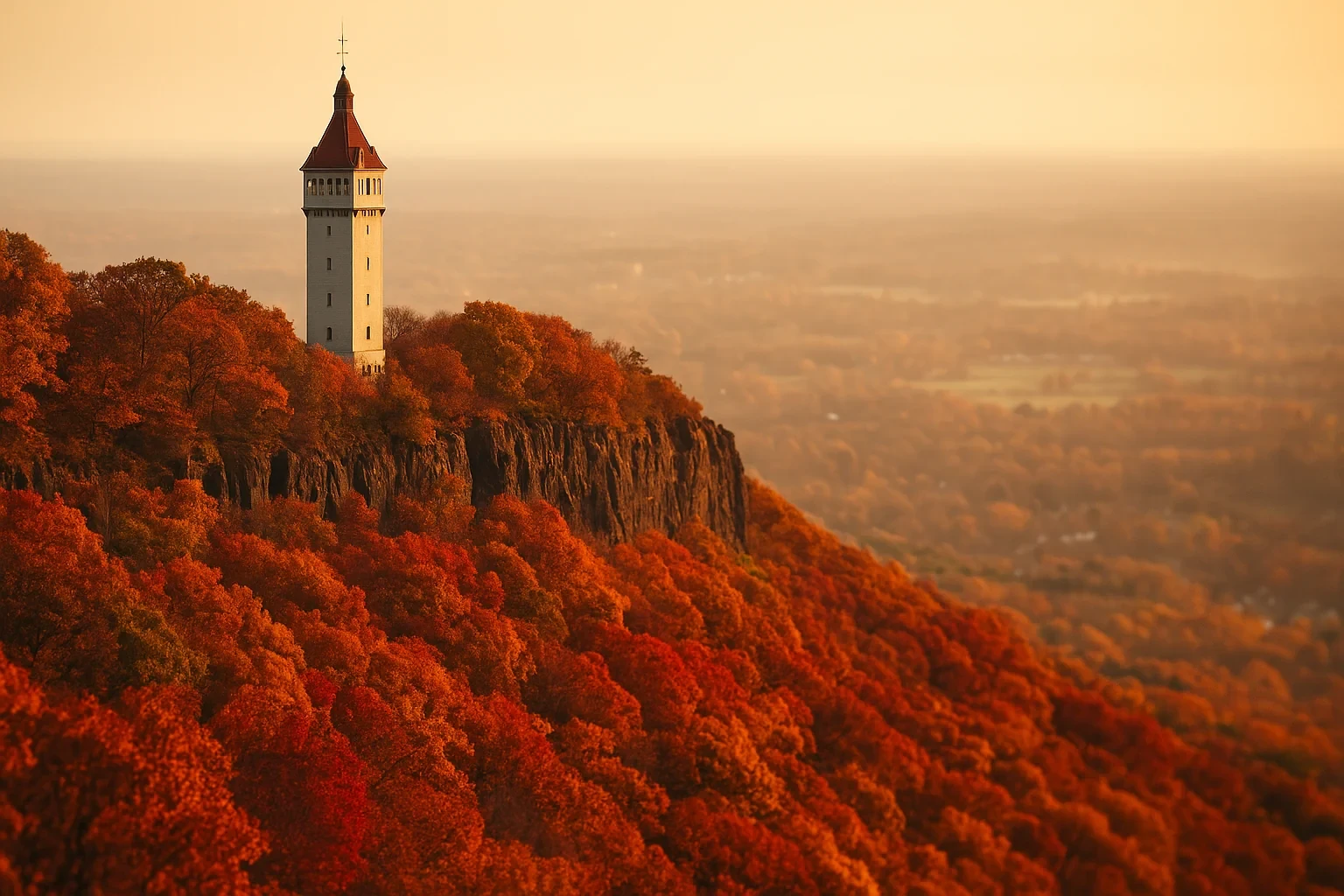 Stone tower atop a cliff overlooking vibrant autumn foliage and valley views near Blue Hills at sunset