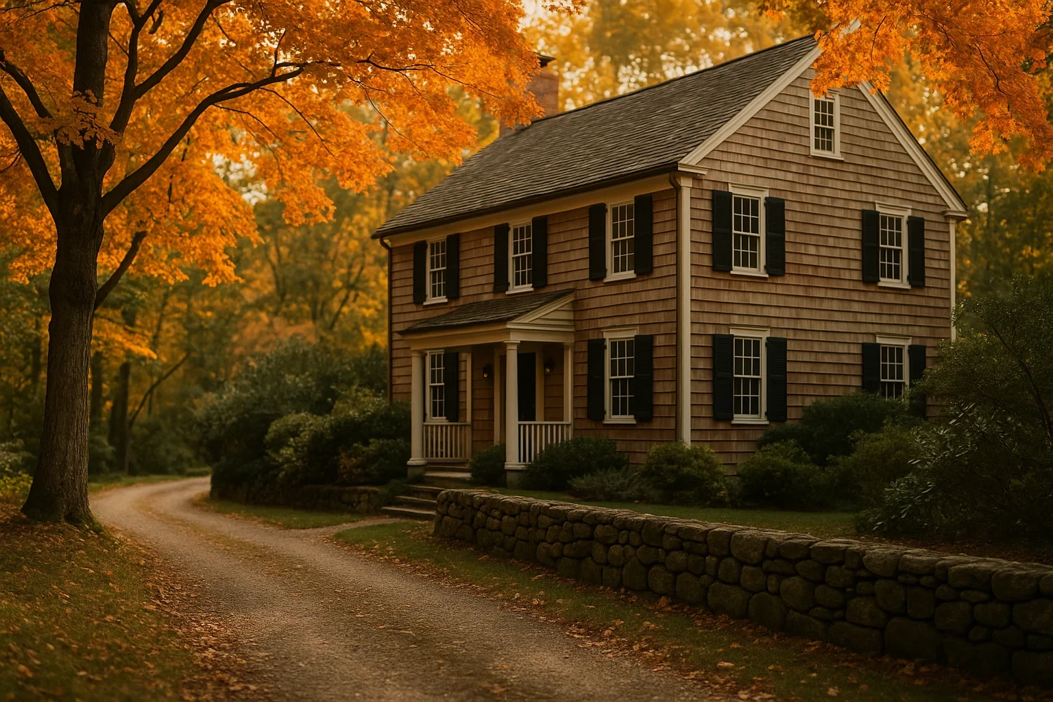 Classic shingled colonial home with black shutters and stone wall surrounded by autumn foliage in Stamford