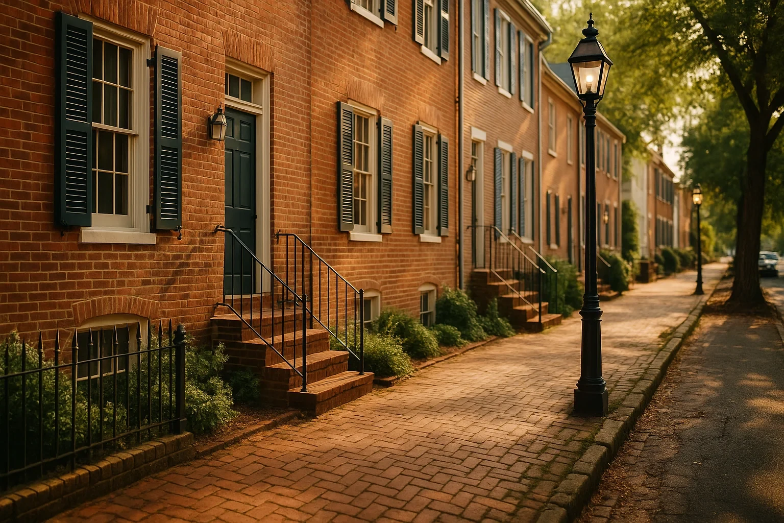 Historic brick row houses with shutters and a vintage lamppost line a cobblestone sidewalk in Fredericksburg.