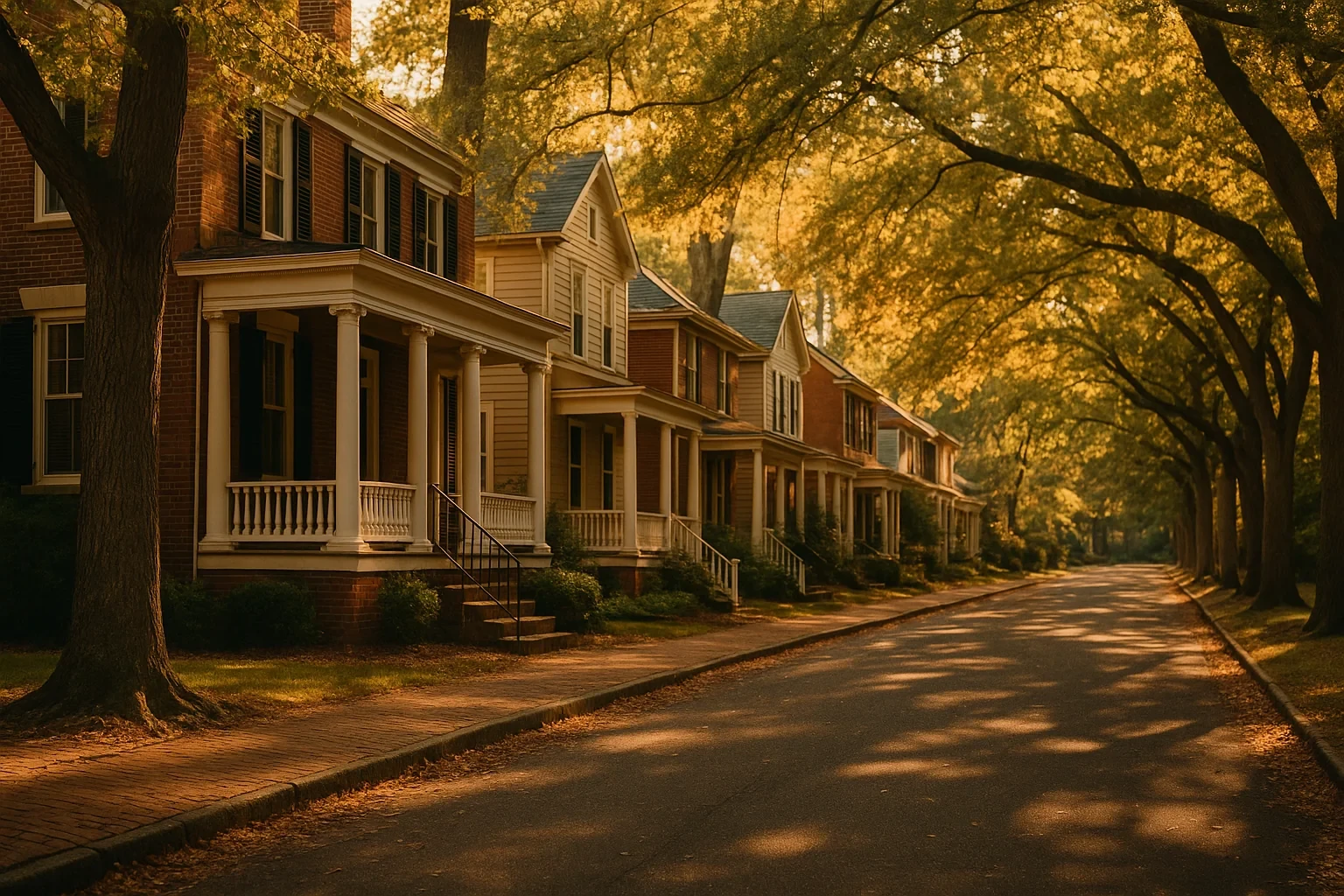 Tree-lined street with historic brick and clapboard homes in a charming Bedford neighborhood at golden hour