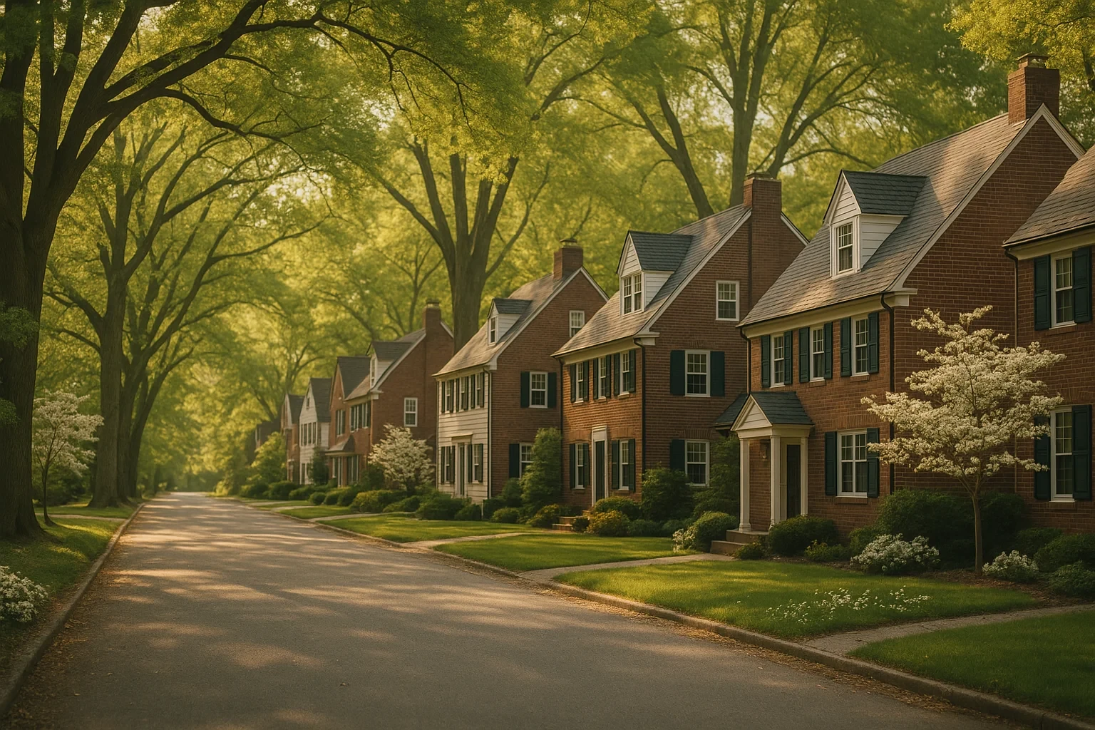 Tree-lined street with classic brick colonial homes and blooming dogwoods in a Cherry Hill neighborhood